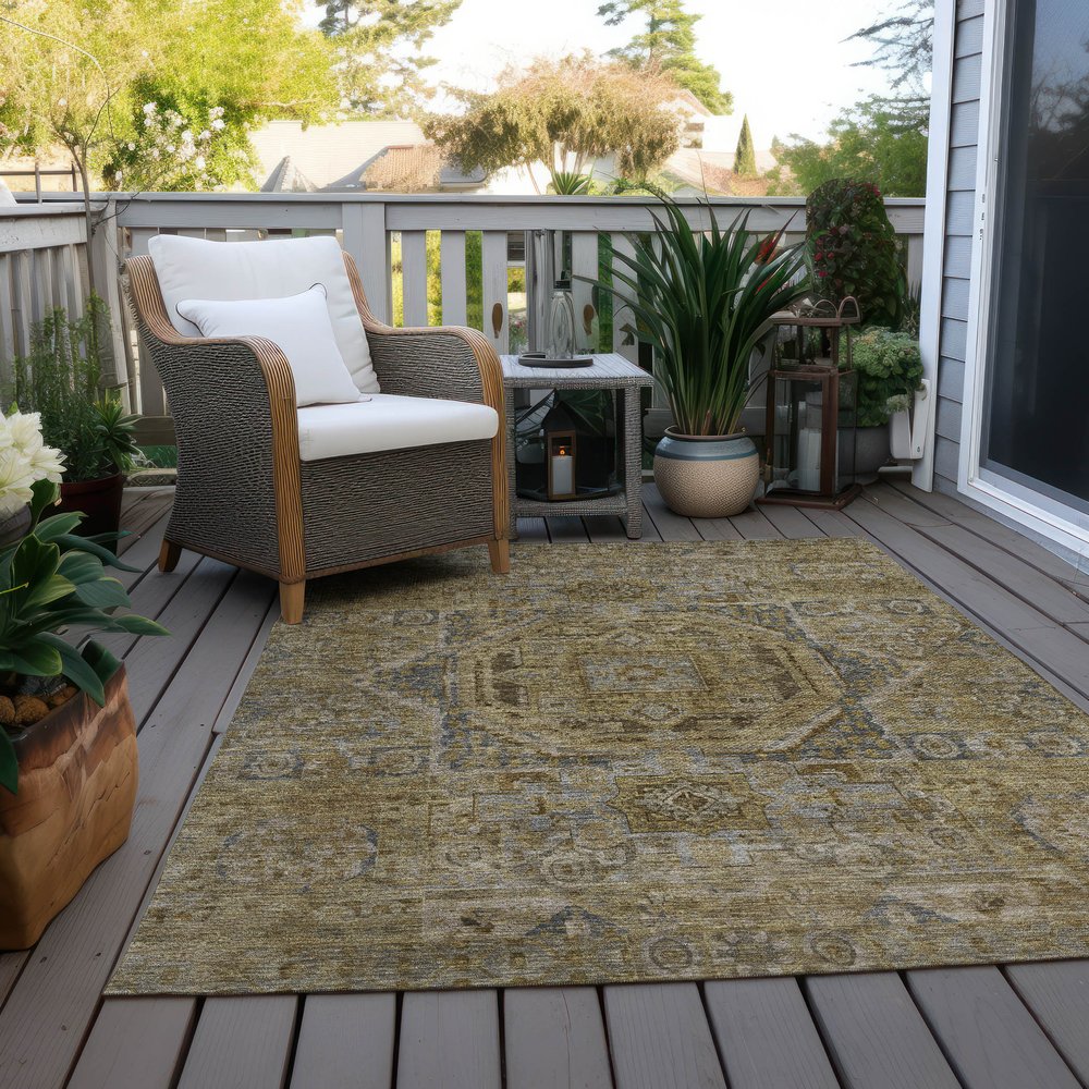 3' X 5' Brown And Blue Medallion Washable Indoor Outdoor Area Rug