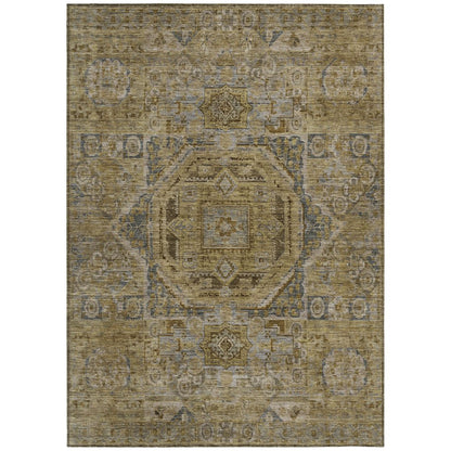 3' X 5' Brown And Blue Medallion Washable Indoor Outdoor Area Rug