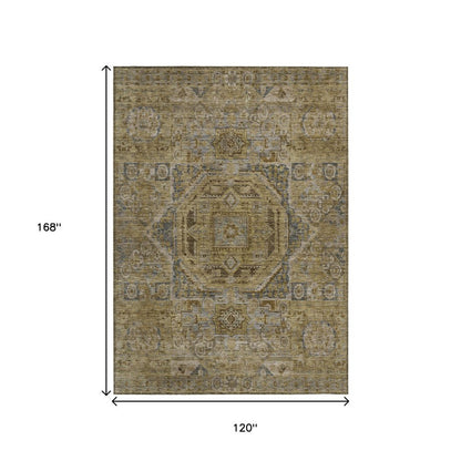 3' X 5' Brown And Blue Medallion Washable Indoor Outdoor Area Rug