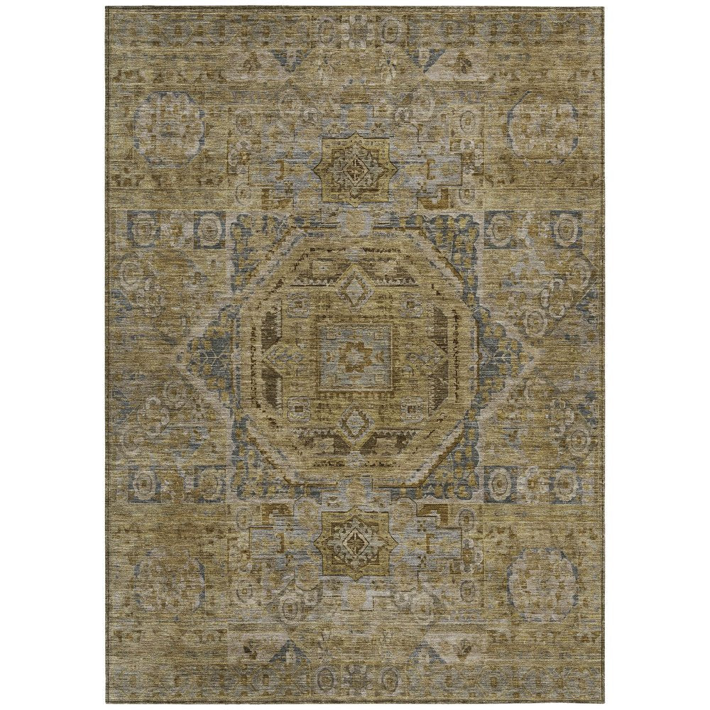 3' X 5' Brown And Blue Medallion Washable Indoor Outdoor Area Rug