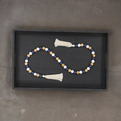 36" Blue Natural And White Wood Hand Painted Decorative Tassel