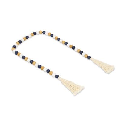 36" Blue Natural And White Wood Hand Painted Decorative Tassel