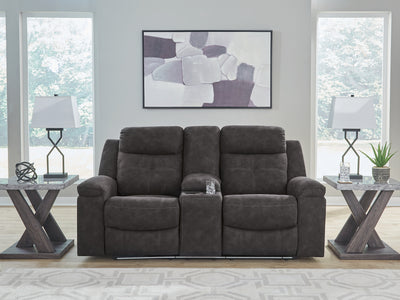 Evee Outdoor & More - Ashley Furniture - Brysonview Living Room - DBL Rec Loveseat w/Console / Charcoal - 6360594