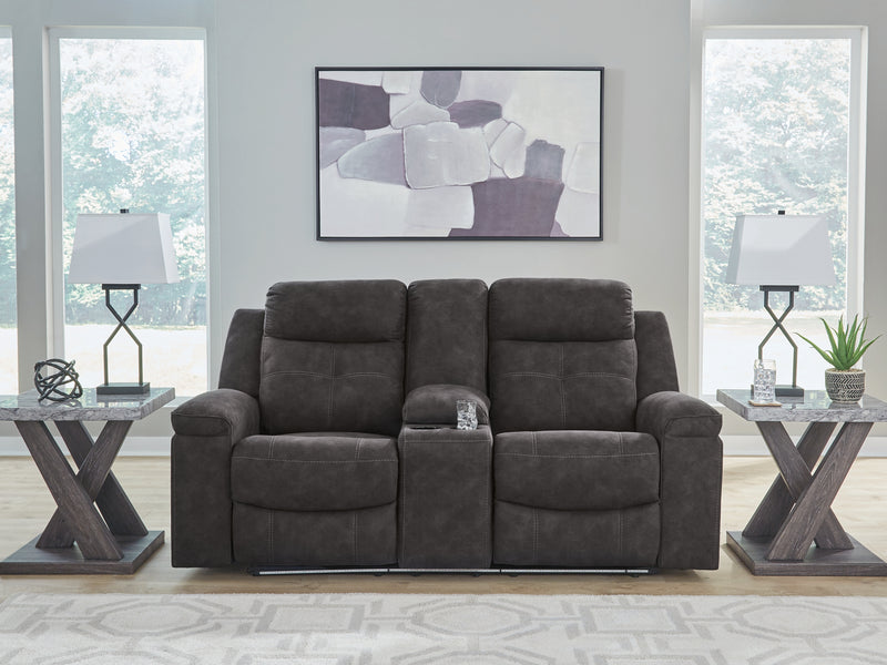 Evee Outdoor & More - Ashley Furniture - Brysonview Living Room - DBL Rec Loveseat w/Console / Charcoal - 6360594