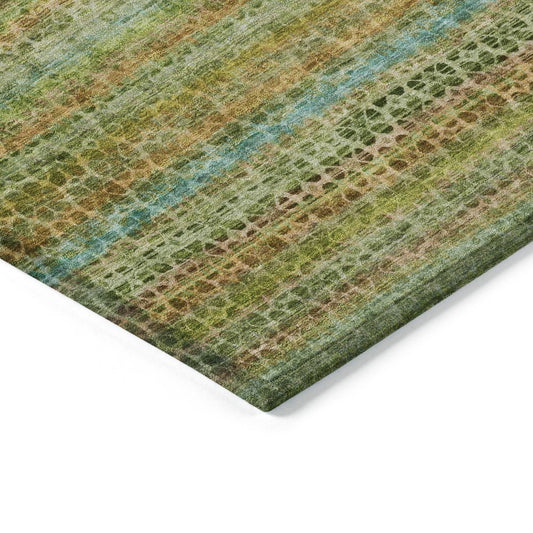 9' X 12' Green Copper And Teal Blue Striped Washable Indoor Outdoor Area Rug
