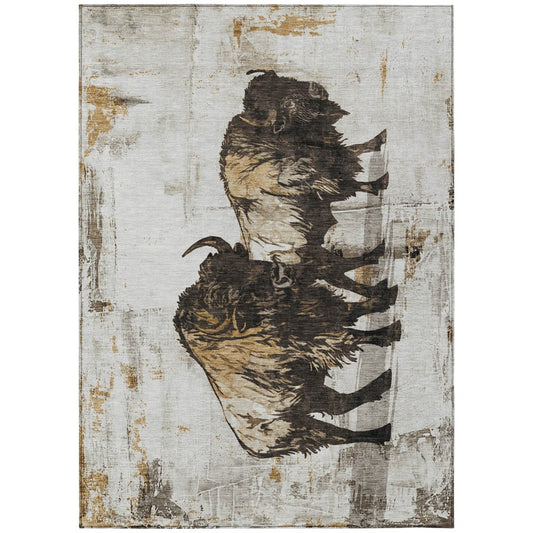 9' X 12' Beige Ivory And Charcoal Animal Print Washable Indoor Outdoor Area Rug