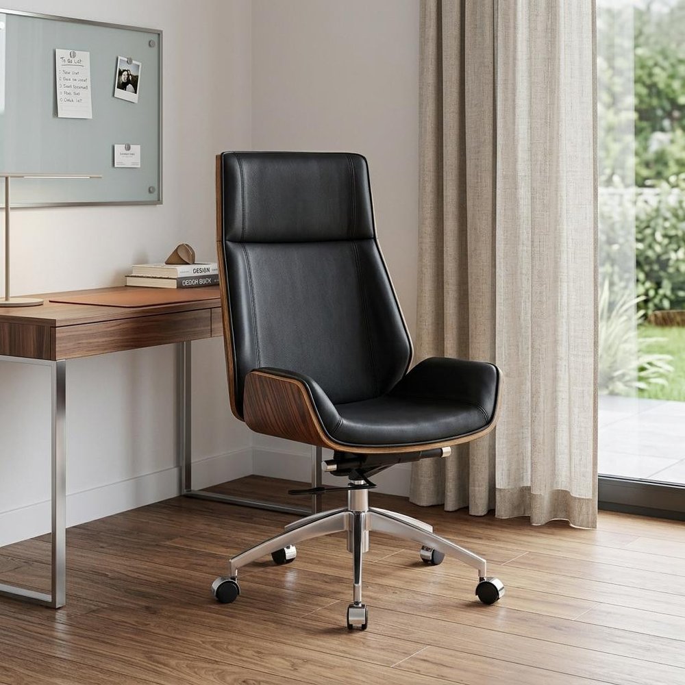 Black Rosewood and Silver Adjustable Height Swivel Rolling Executive Office Chair