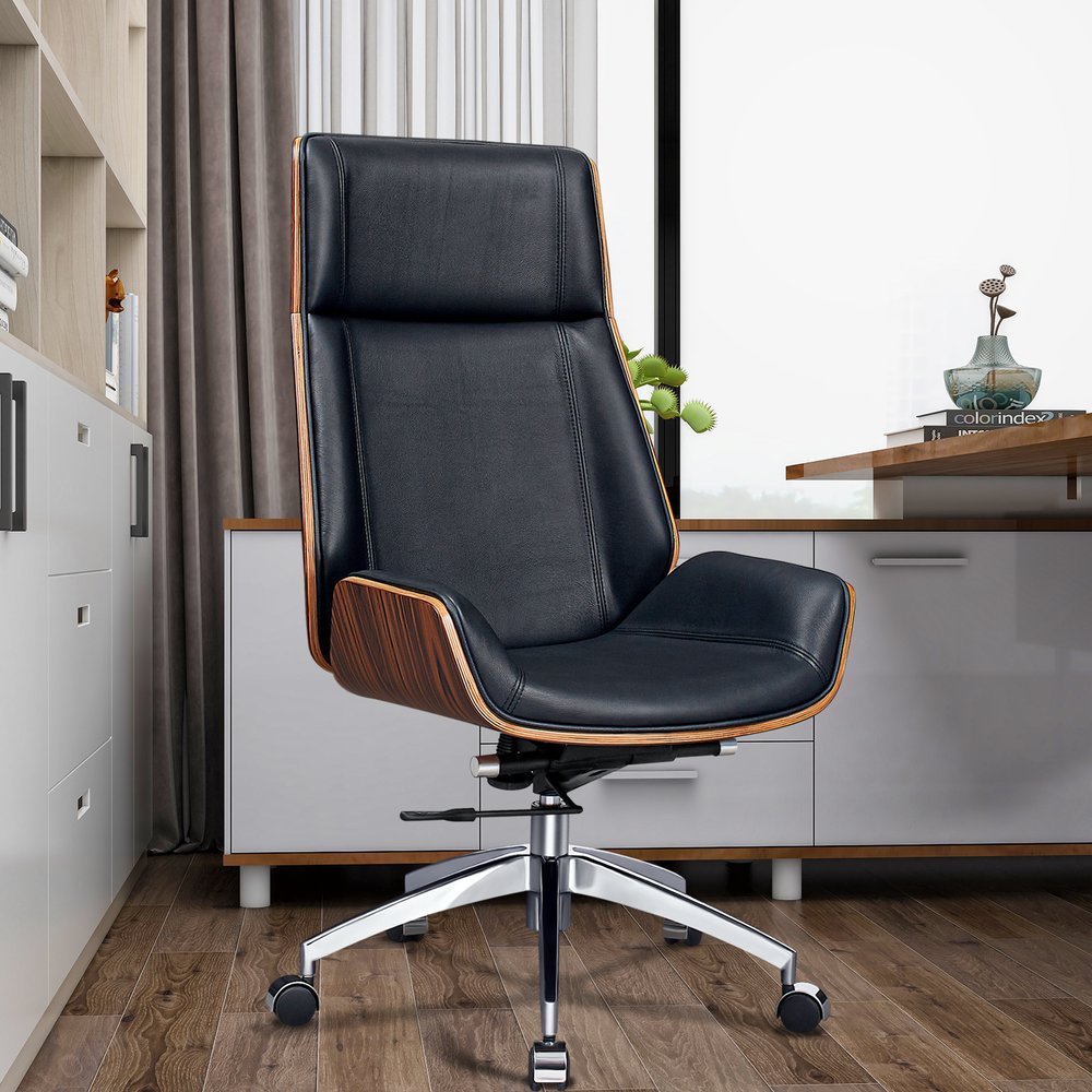 Black Rosewood and Silver Adjustable Height Swivel Rolling Executive Office Chair
