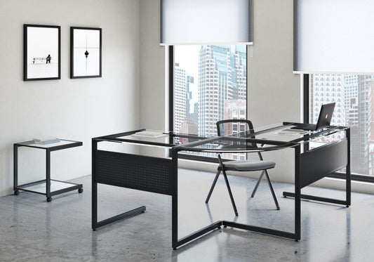 78" Clear and Black Glass and Metal Corner Computer Desk