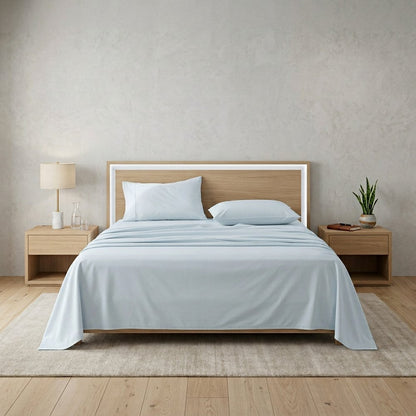 Four Piece Light Blue Cotton Queen Sheet Set