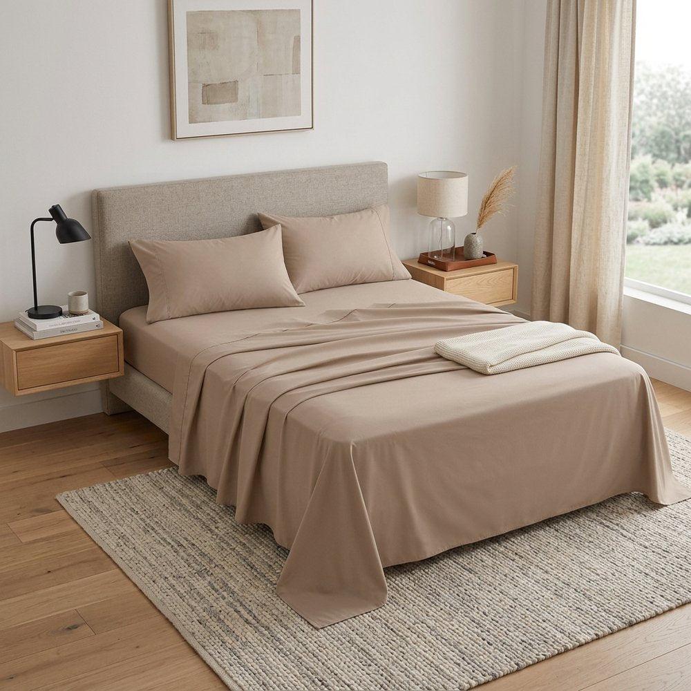 Four Piece Light Brown Cotton Queen Sheet Set