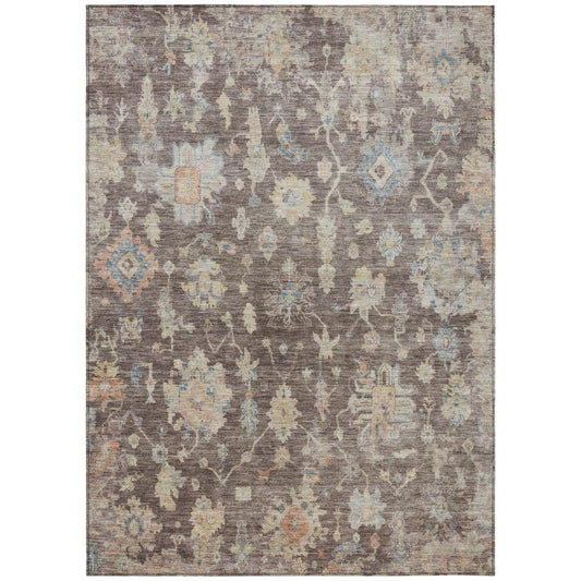 9' X 12' Chocolate Beige And Blue Floral Washable Indoor Outdoor Area Rug