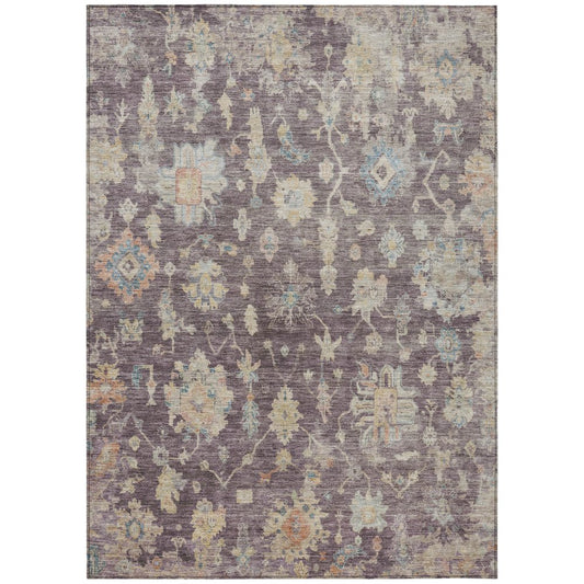 9' X 12' Eggplant Beige And Blue Floral Washable Indoor Outdoor Area Rug