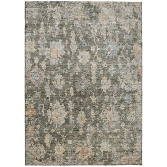 10' X 14' Fern Green Beige And Blue Floral Washable Indoor Outdoor Area Rug