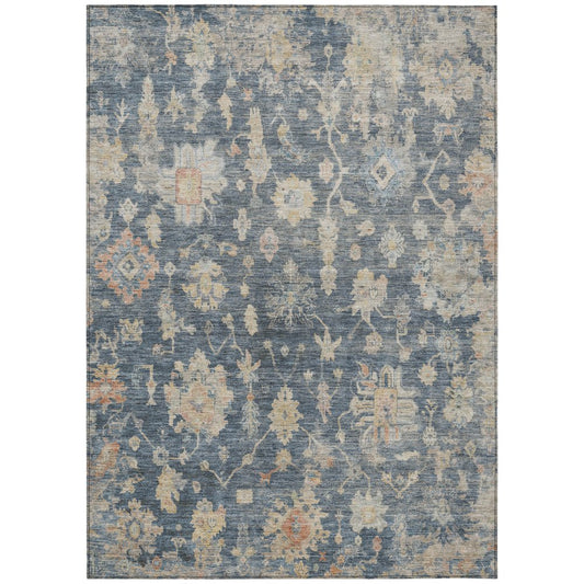 9' X 12' Navy Blue Beige And Rust Floral Washable Indoor Outdoor Area Rug
