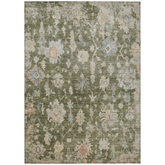 9' X 12' Olive Green Beige And Blue Floral Washable Indoor Outdoor Area Rug