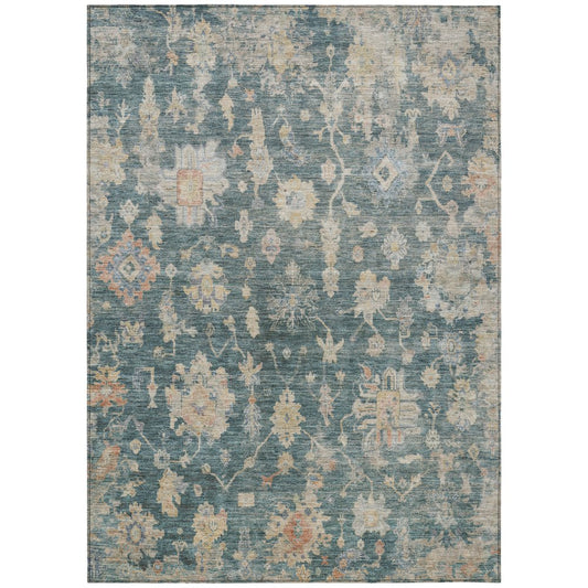 9' X 12' Teal Blue Beige And Gold Floral Washable Indoor Outdoor Area Rug