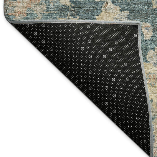 9' X 12' Teal Blue Beige And Gold Floral Washable Indoor Outdoor Area Rug