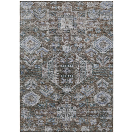 10' X 14' Chocolate And Denim Blue Medallion Washable Indoor Outdoor Area Rug