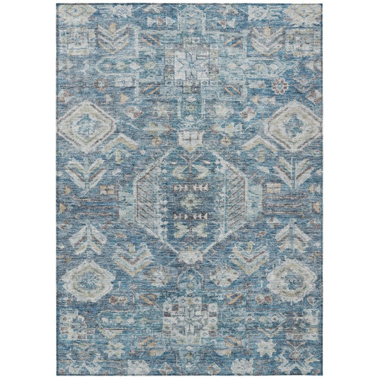 10' X 14' Denim Blue And Ivory Medallion Washable Indoor Outdoor Area Rug