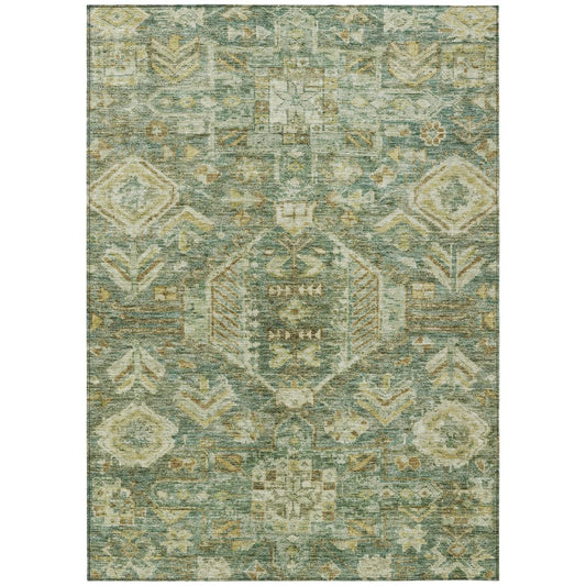 10' X 14' Fern Green And Gold Medallion Washable Indoor Outdoor Area Rug