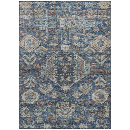 10' X 14' Navy Blue Ivory And Beige Medallion Washable Indoor Outdoor Area Rug