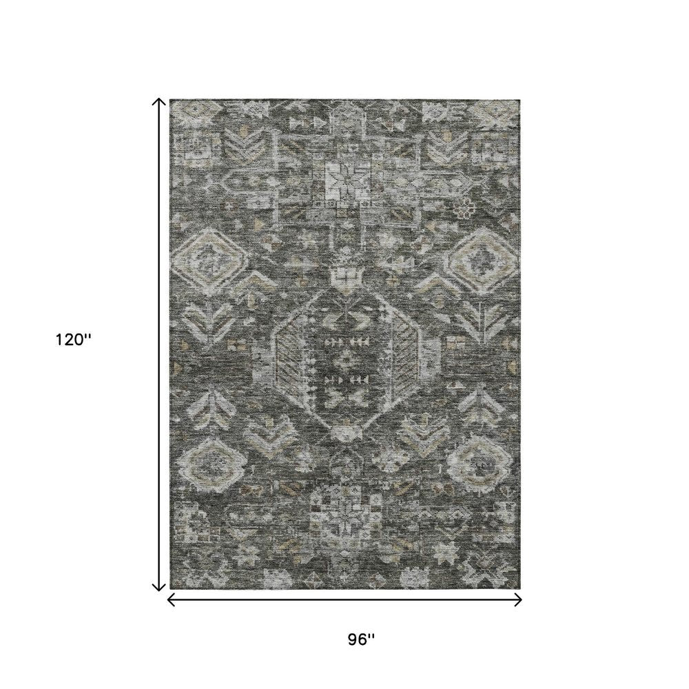 8' X 10' Pewter And Silver Medallion Washable Indoor Outdoor Area Rug