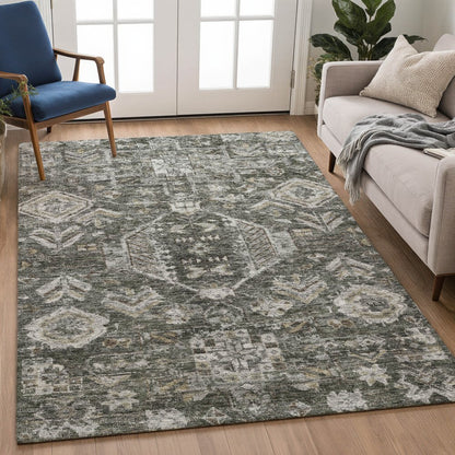 8' X 10' Pewter And Silver Medallion Washable Indoor Outdoor Area Rug