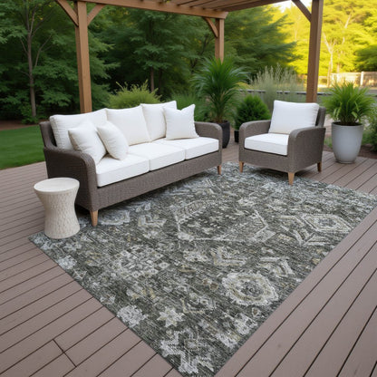 8' X 10' Pewter And Silver Medallion Washable Indoor Outdoor Area Rug