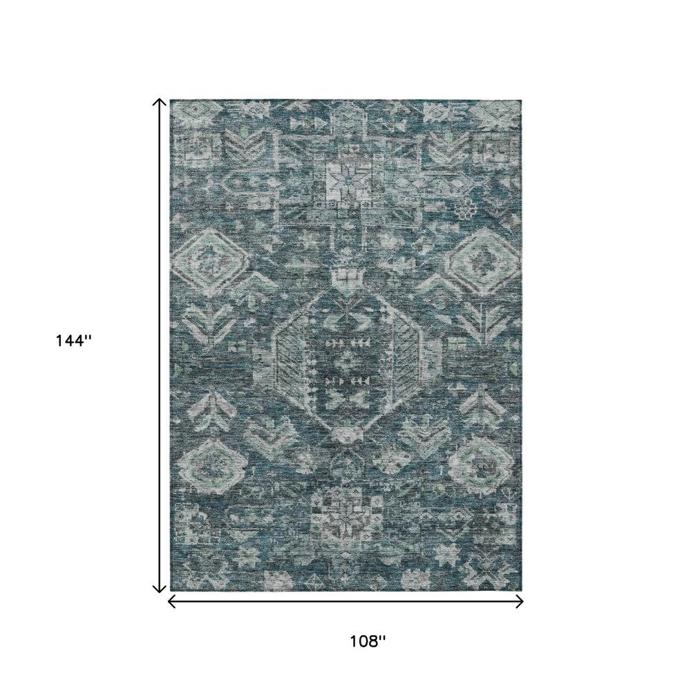 9' X 12' Teal Blue And Silver Medallion Washable Indoor Outdoor Area Rug