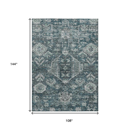 9' X 12' Teal Blue And Silver Medallion Washable Indoor Outdoor Area Rug