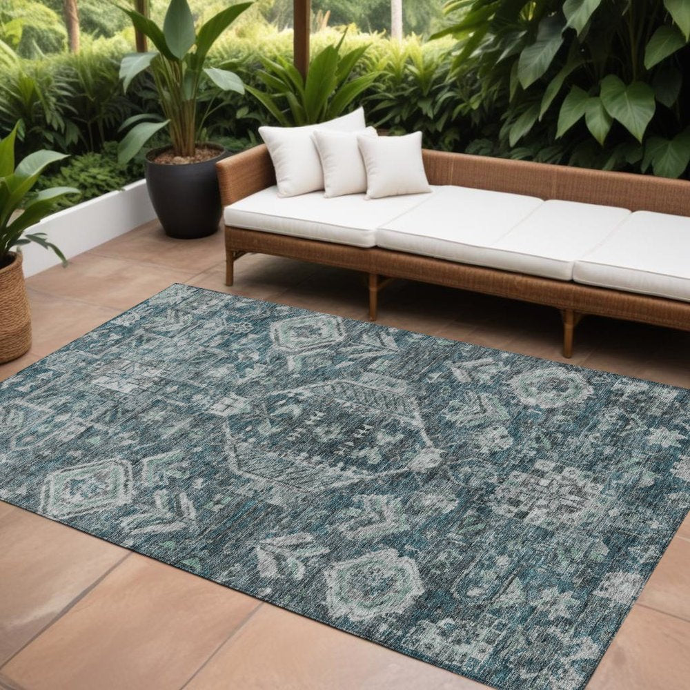9' X 12' Teal Blue And Silver Medallion Washable Indoor Outdoor Area Rug
