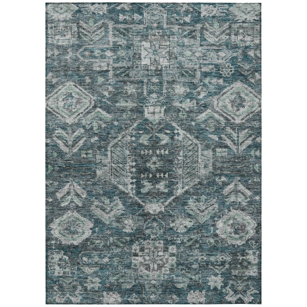 9' X 12' Teal Blue And Silver Medallion Washable Indoor Outdoor Area Rug