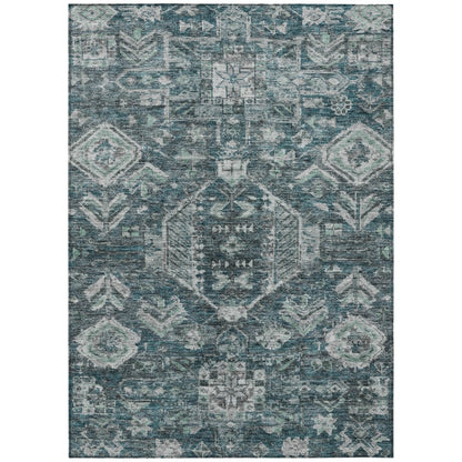 9' X 12' Teal Blue And Silver Medallion Washable Indoor Outdoor Area Rug