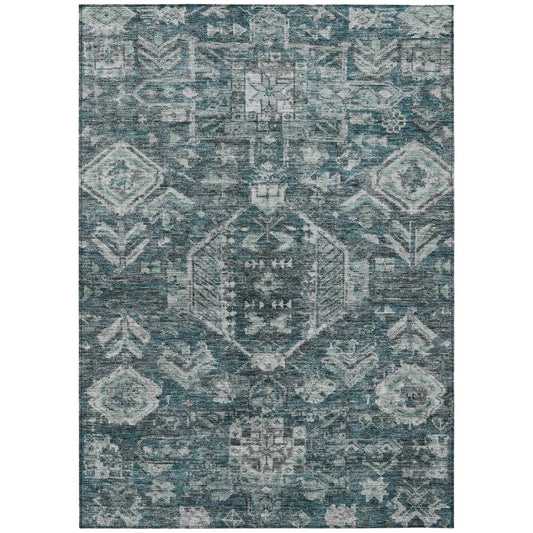 9' X 12' Teal Blue And Silver Medallion Washable Indoor Outdoor Area Rug