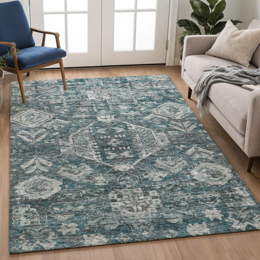 9' X 12' Teal Blue And Silver Medallion Washable Indoor Outdoor Area Rug
