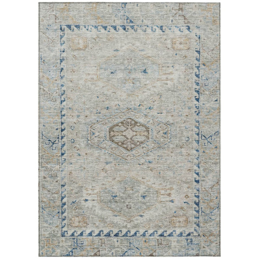 9' X 12' Linen And Blue Medallion Washable Indoor Outdoor Area Rug