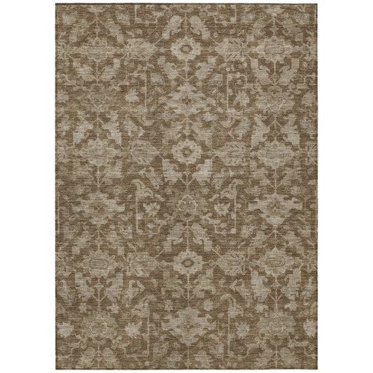 10' X 14' Brown And Beige Floral Washable Indoor Outdoor Area Rug
