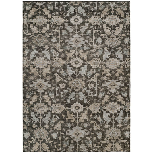 9' X 12' Chocolate And Gray Floral Washable Indoor Outdoor Area Rug