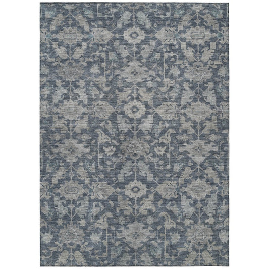 9' X 12' Denim Blue And Silver Floral Washable Indoor Outdoor Area Rug