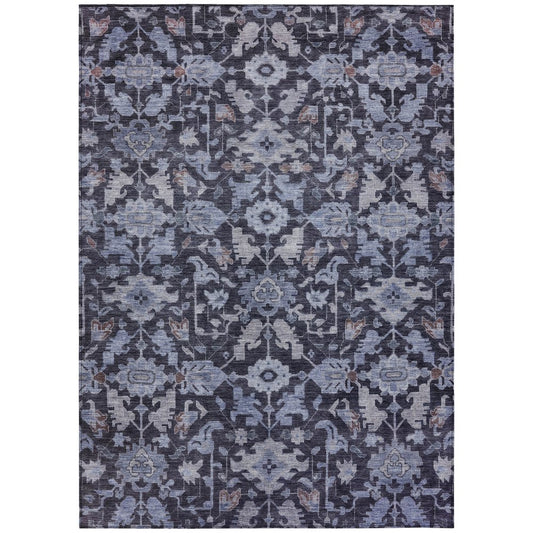 9' X 12' Navy Blue And Plum Floral Washable Indoor Outdoor Area Rug