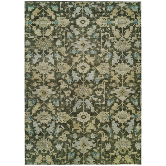 9' X 12' Olive Green Teal Blue And Gold Floral Washable Indoor Outdoor Area Rug