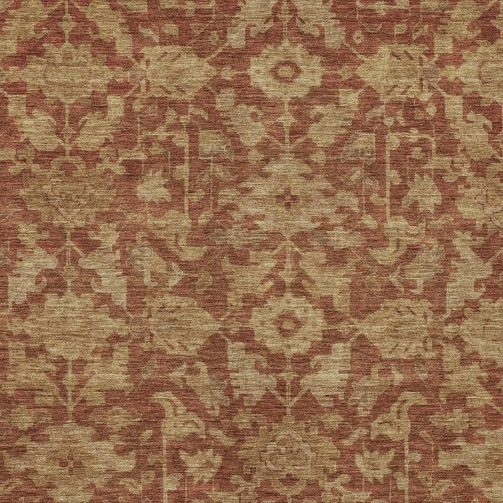 9' X 12' Rust And Beige Floral Washable Indoor Outdoor Area Rug