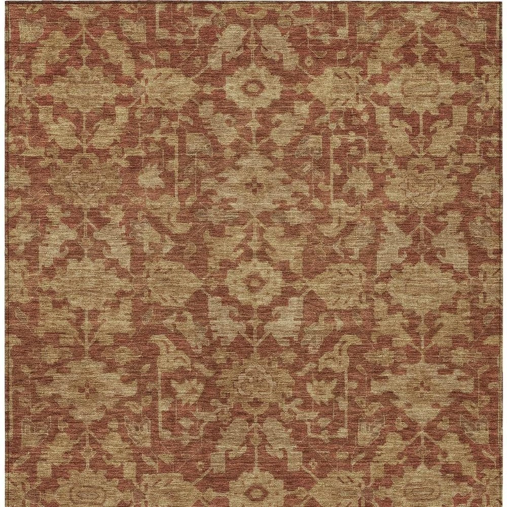 9' X 12' Rust And Beige Floral Washable Indoor Outdoor Area Rug