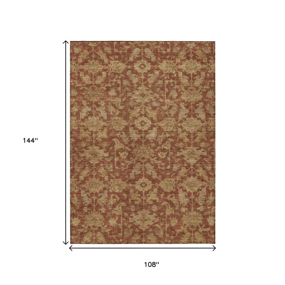 9' X 12' Rust And Beige Floral Washable Indoor Outdoor Area Rug