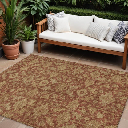 9' X 12' Rust And Beige Floral Washable Indoor Outdoor Area Rug