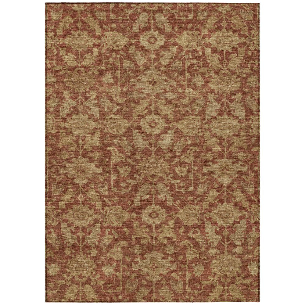 9' X 12' Rust And Beige Floral Washable Indoor Outdoor Area Rug