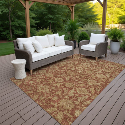 9' X 12' Rust And Beige Floral Washable Indoor Outdoor Area Rug