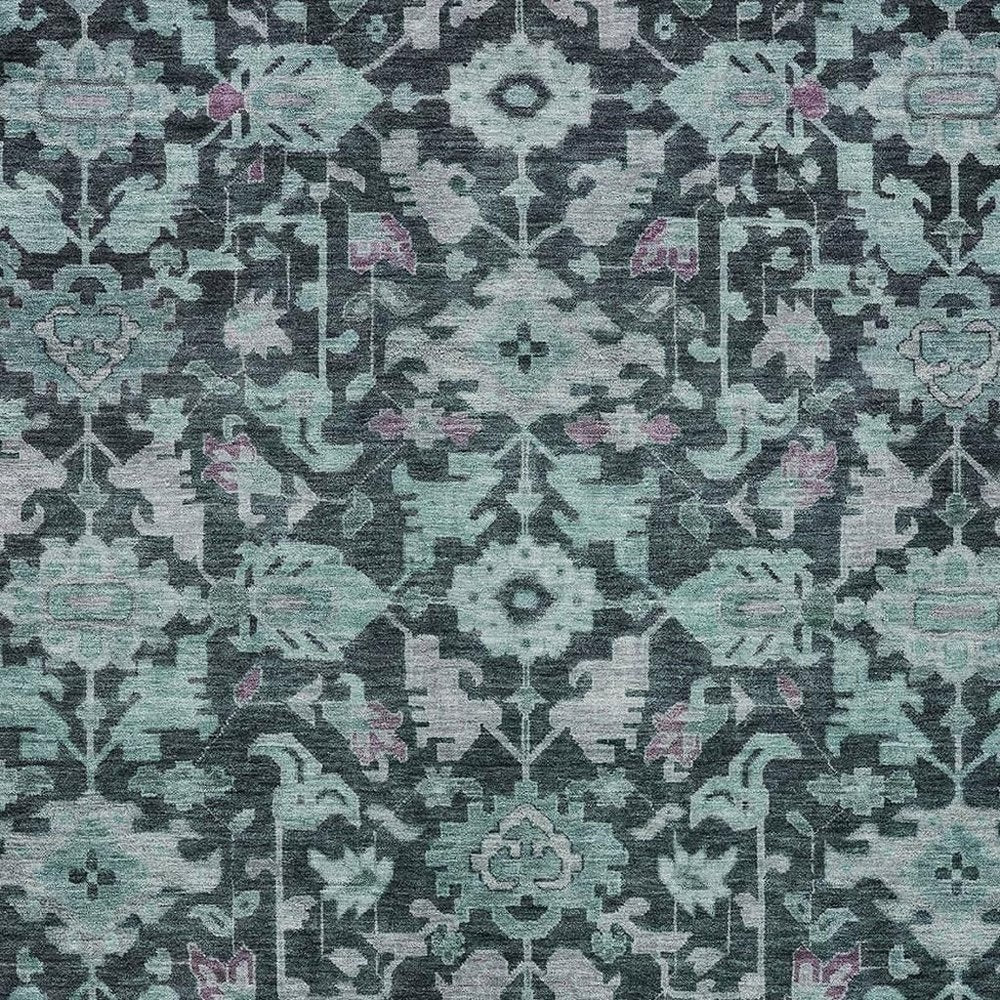 9' X 12' Teal Blue And Plum Floral Washable Indoor Outdoor Area Rug