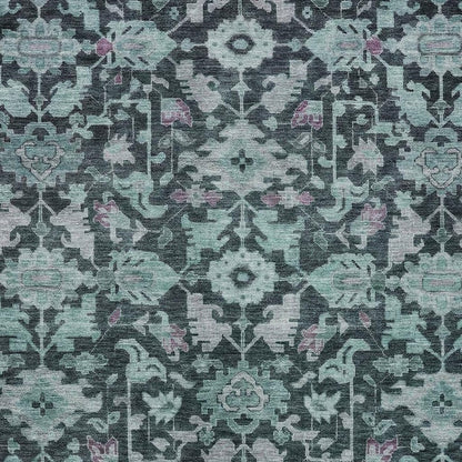 9' X 12' Teal Blue And Plum Floral Washable Indoor Outdoor Area Rug